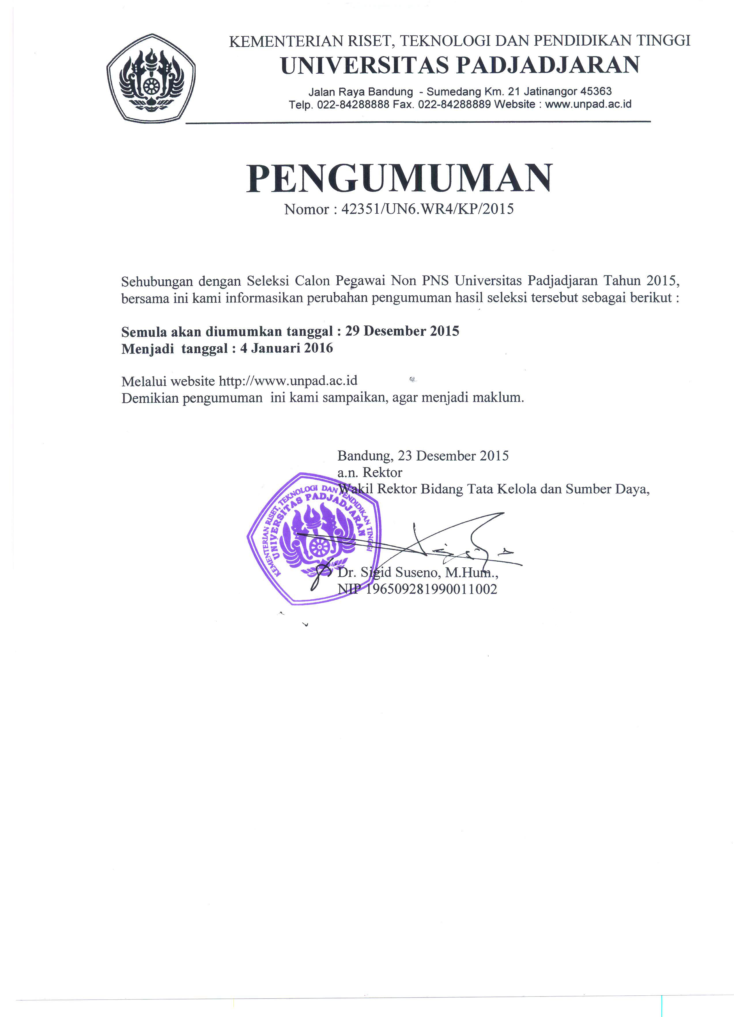 Jadwal Pengumuman Hasil Seleksi Calon Pegawai Non Pns Unpad Universitas Padjadjaran